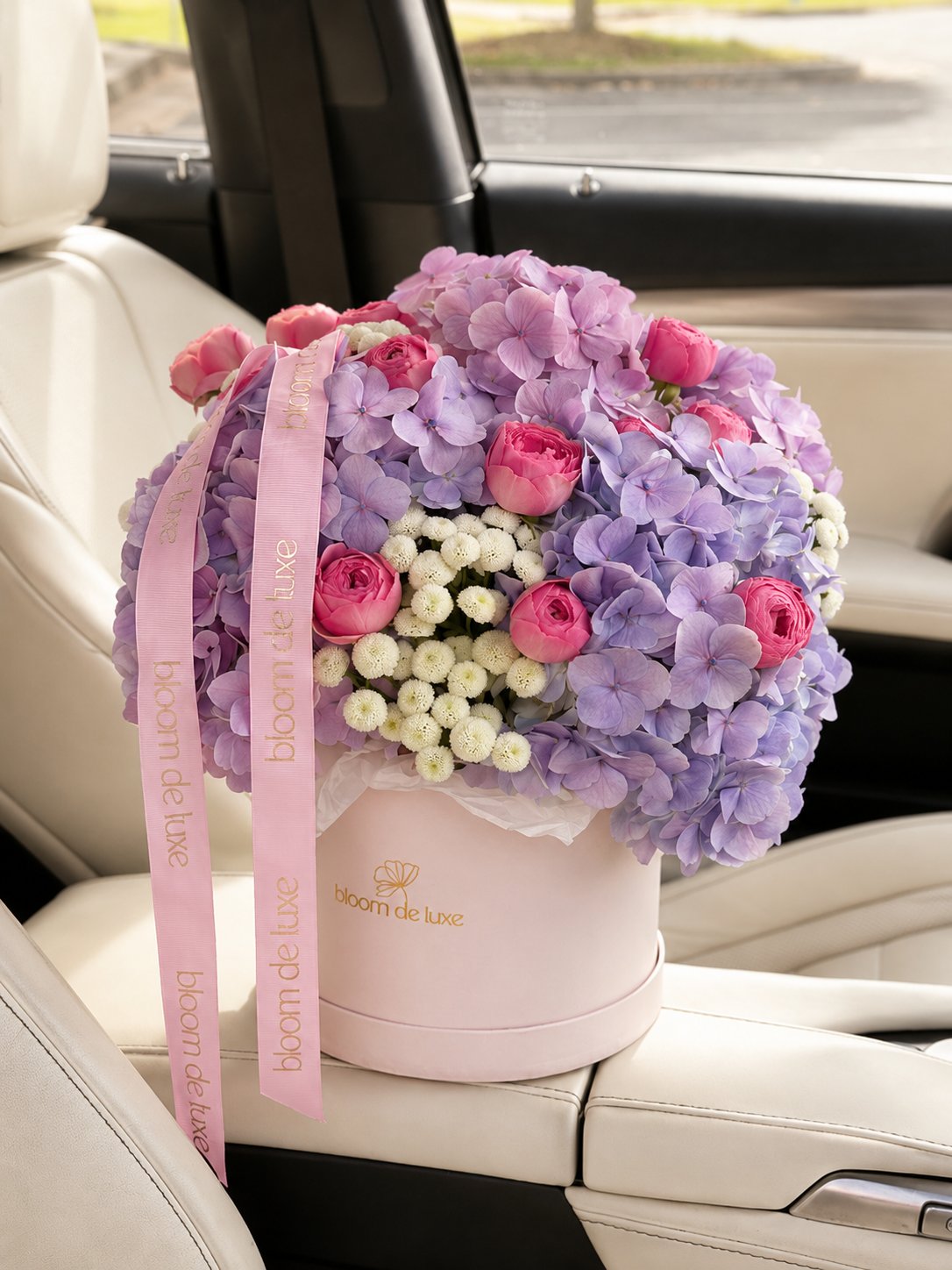 Violet Dream flower box — lavender hydrangeas, pink spray roses and white santini, Gold Coast delivery