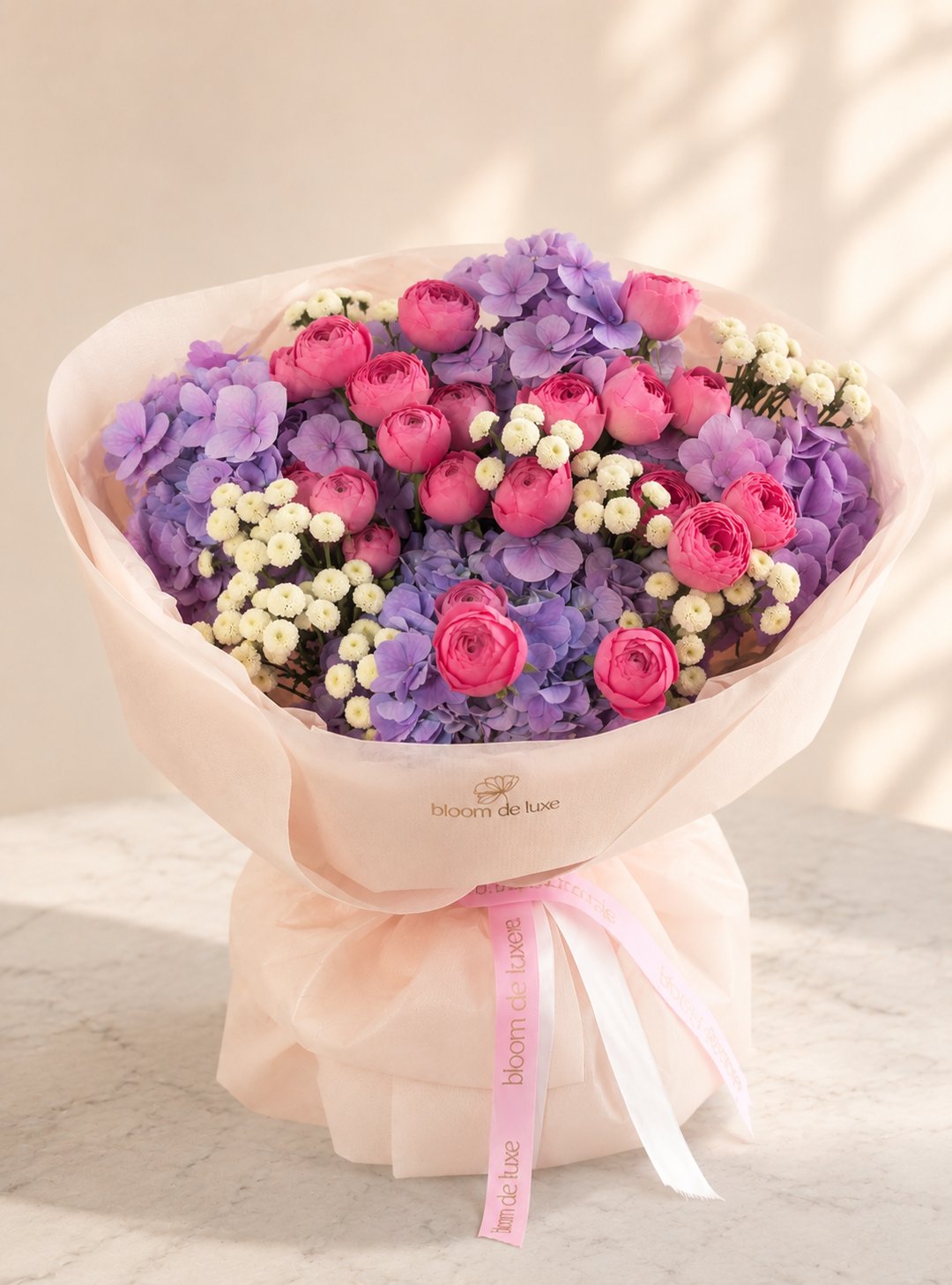 Cotton Candy Dream luxury bouquet — lavender hydrangeas and pink spray roses, Gold Coast flower delivery