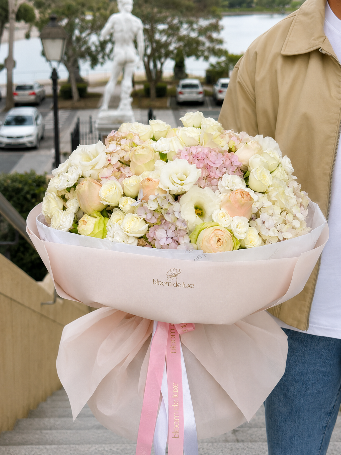 Ivory Cloud bouquet — white roses and lisianthus with blush hydrangea, Gold Coast flower delivery