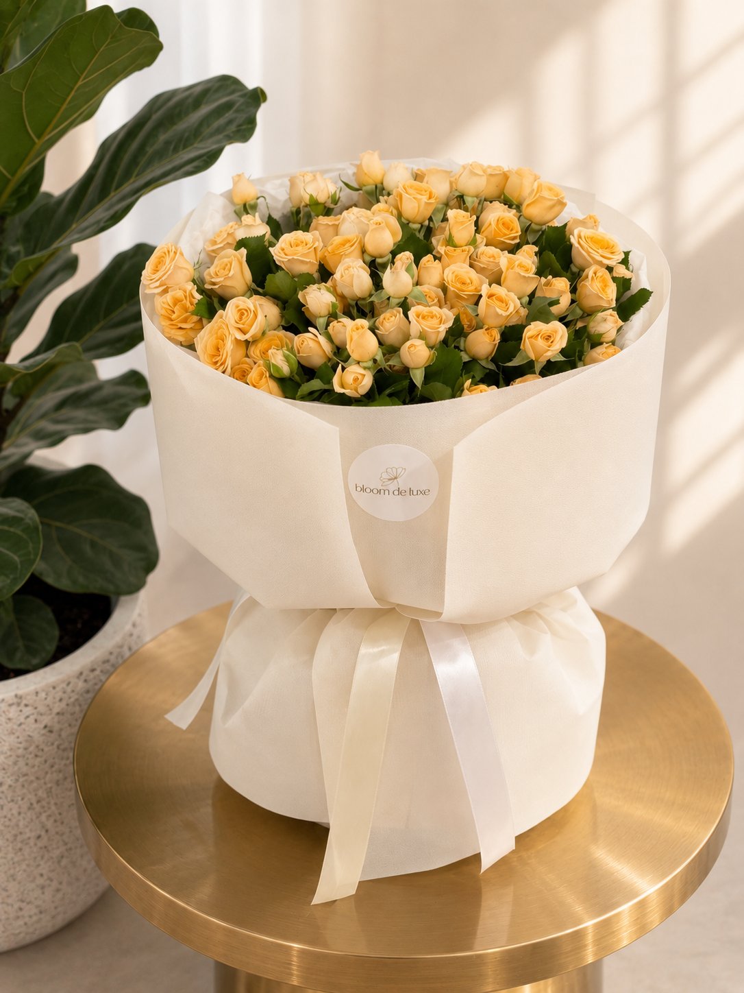 Champagne Luxe bouquet — peach champagne roses in ivory packaging, Gold Coast luxury flowers