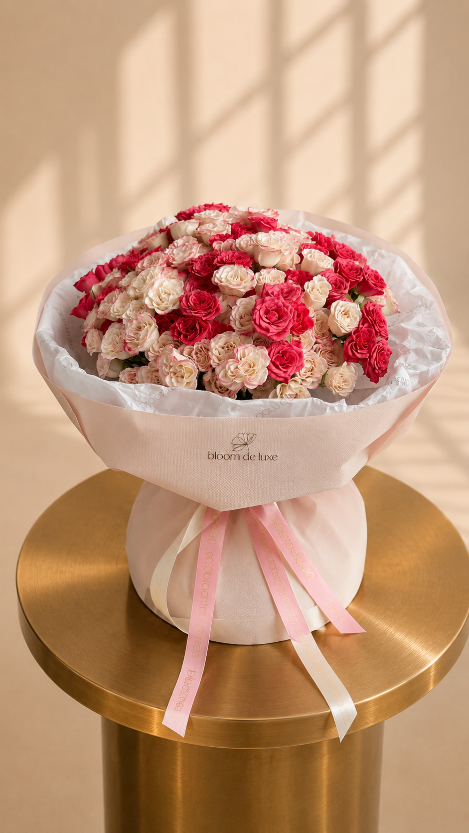 Rosé Bliss bouquet — cream and coral pink spray roses in blush paper, Gold Coast flower delivery